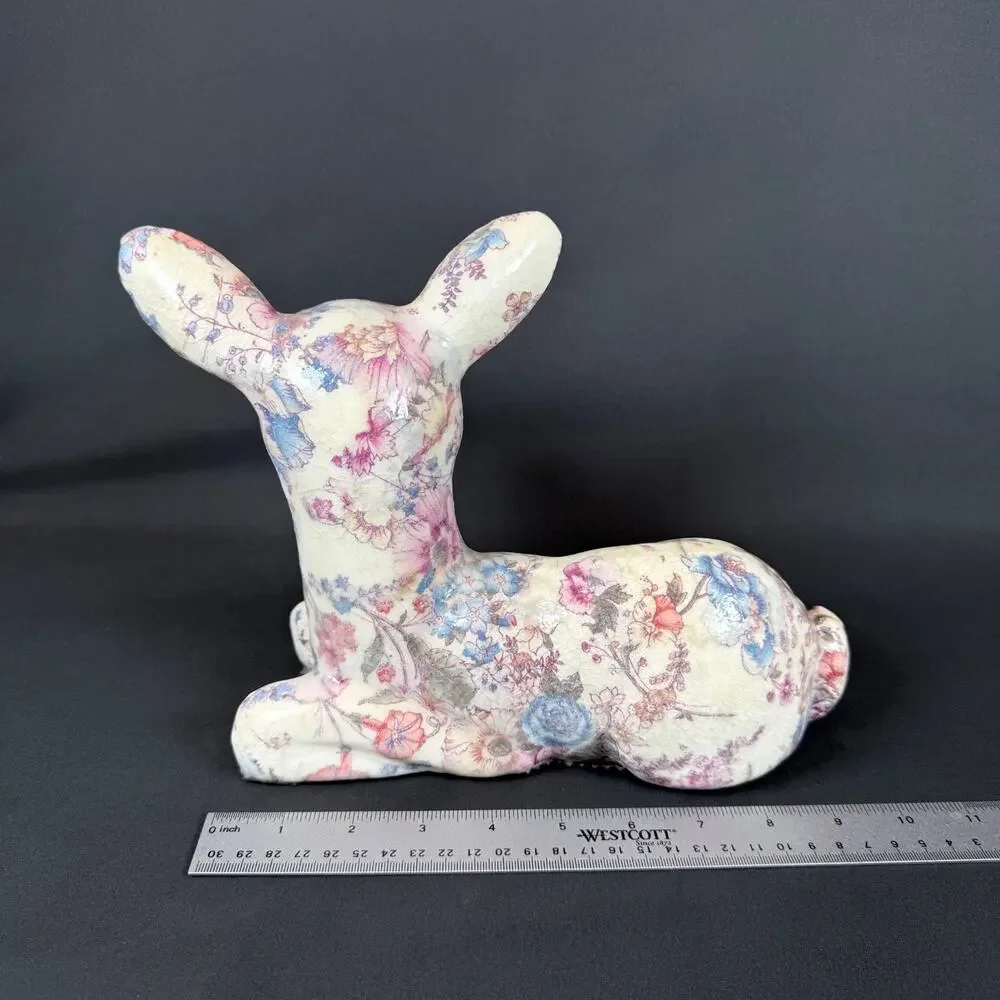 Floral Decoupage Lying Deer Figurine Ceramic Sculpture h8
